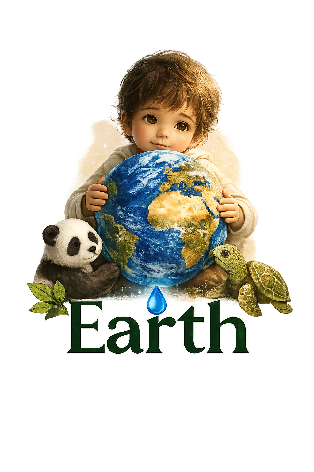 Earth eco-friendly vegan store logo with child protecting the planet and animals