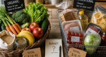 person choosing organic food on a budget in a grocery store