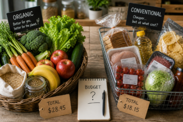 person choosing organic food on a budget in a grocery store