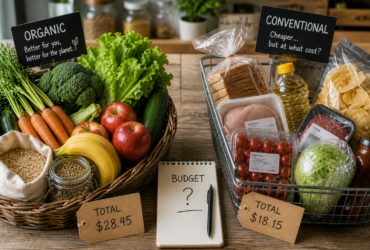 person choosing organic food on a budget in a grocery store