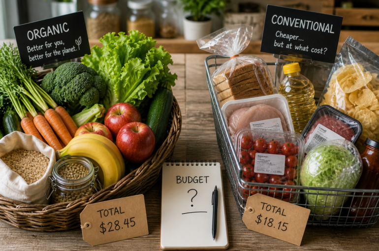 person choosing organic food on a budget in a grocery store