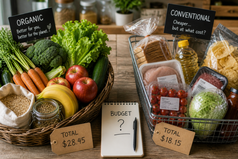 person choosing organic food on a budget in a grocery store