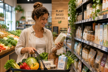 woman shopping for vegan food and plant-based products in a grocery store