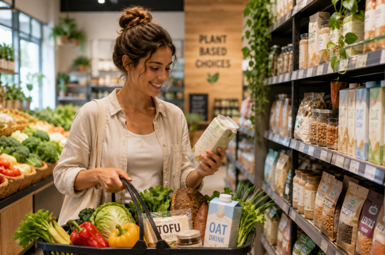 woman shopping for vegan food and plant-based products in a grocery store