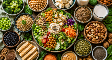 healthy vegan protein bowl with tofu quinoa beans nuts and vegetables