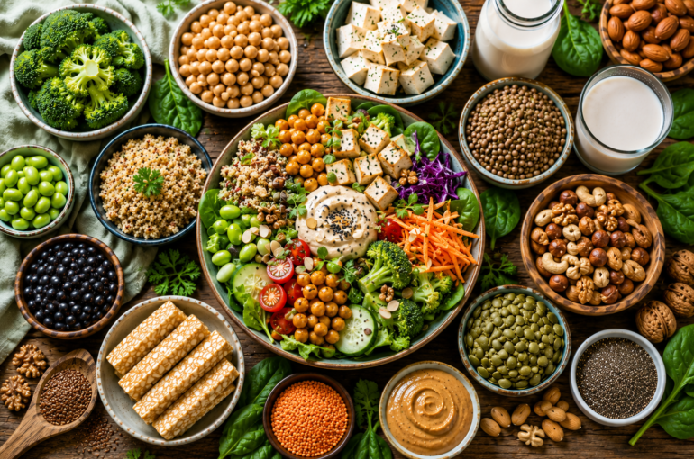 healthy vegan protein bowl with tofu quinoa beans nuts and vegetables