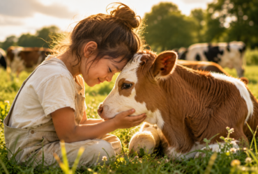 young girl showing affection to a calf in a peaceful meadow