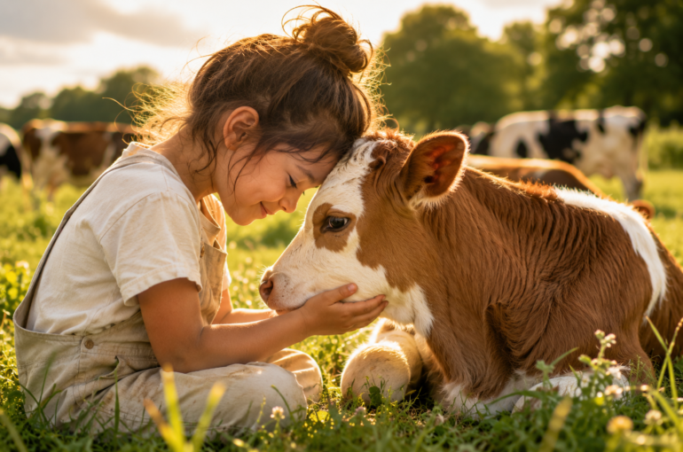 young girl showing affection to a calf in a peaceful meadow