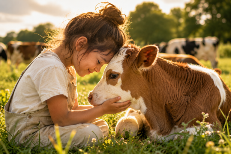 young girl showing affection to a calf in a peaceful meadow