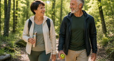 active mature couple walking in nature with a healthy plant-based lifestyle