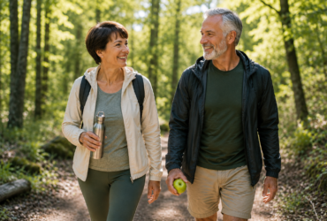 active mature couple walking in nature with a healthy plant-based lifestyle