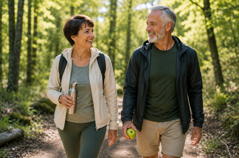 active mature couple walking in nature with a healthy plant-based lifestyle