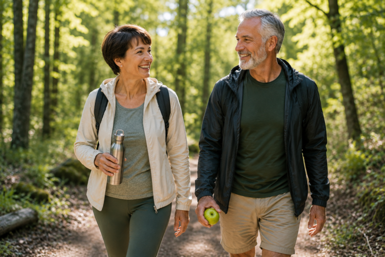 active mature couple walking in nature with a healthy plant-based lifestyle