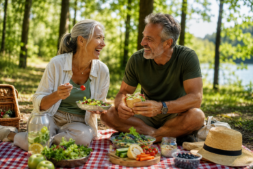 healthy mature couple enjoying a plant-based picnic in nature