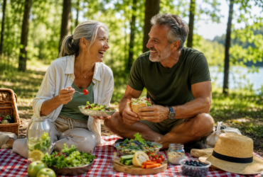 healthy mature couple enjoying a plant-based picnic in nature