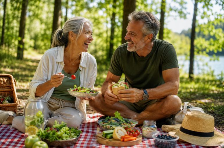 healthy mature couple enjoying a plant-based picnic in nature