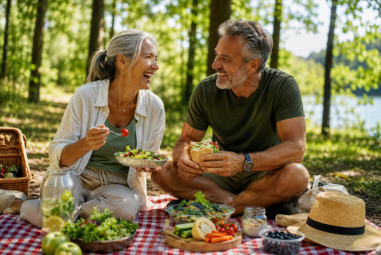 healthy mature couple enjoying a plant-based picnic in nature