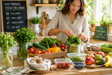 woman storing fresh organic fruits and vegetables in a natural kitchen