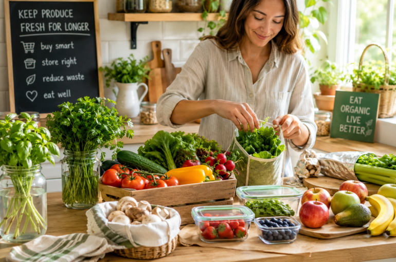 woman storing fresh organic fruits and vegetables in a natural kitchen
