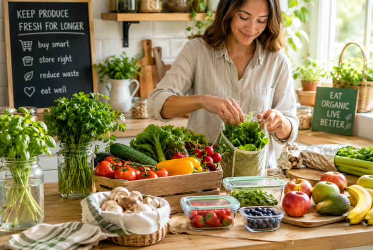 woman storing fresh organic fruits and vegetables in a natural kitchen