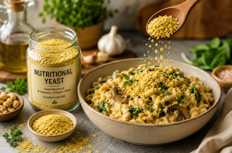 nutritional yeast flakes used in creamy vegan pasta recipe