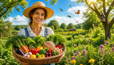 armer holding basket of organic vegetables in a natural garden with bees and trees