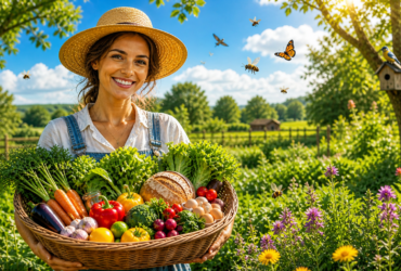 armer holding basket of organic vegetables in a natural garden with bees and trees