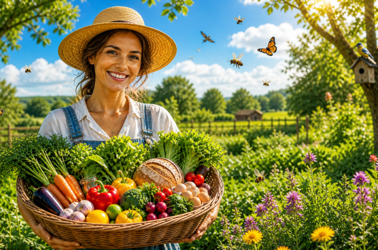 armer holding basket of organic vegetables in a natural garden with bees and trees