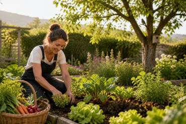 person gardening in a natural vegetable garden, illustrating organic lifestyle and well-being