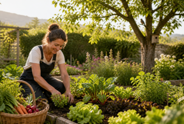 person gardening in a natural vegetable garden, illustrating organic lifestyle and well-being