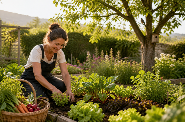 person gardening in a natural vegetable garden, illustrating organic lifestyle and well-being