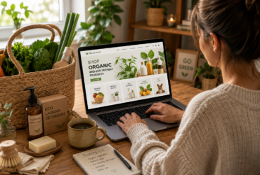 woman shopping for organic and eco-friendly products online from home