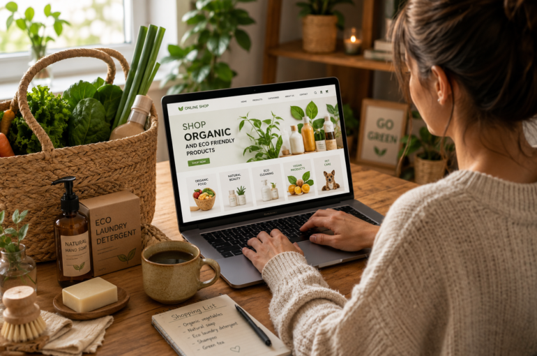 woman shopping for organic and eco-friendly products online from home