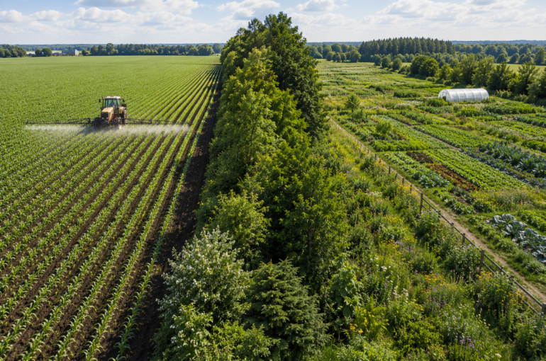 comparison between organic and conventional farming separated by a natural tree barrier