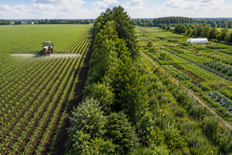 comparison between organic and conventional farming separated by a natural tree barrier