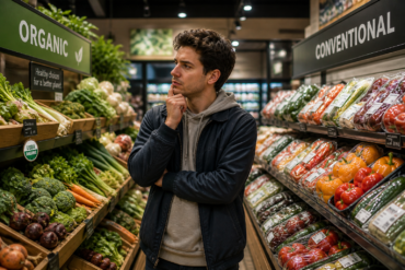 man comparing organic and conventional food in a supermarket, choosing between fresh produce and packaged vegetables