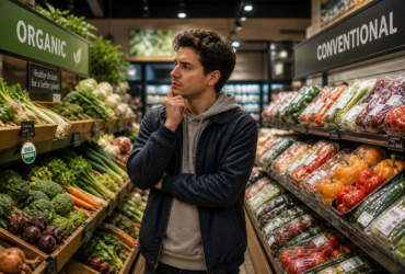 man comparing organic and conventional food in a supermarket, choosing between fresh produce and packaged vegetables