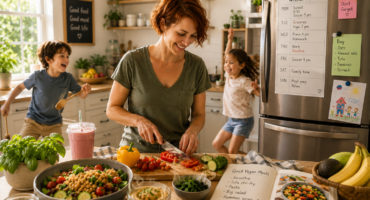 busy parent preparing quick vegan meals while children play in a modern kitchen