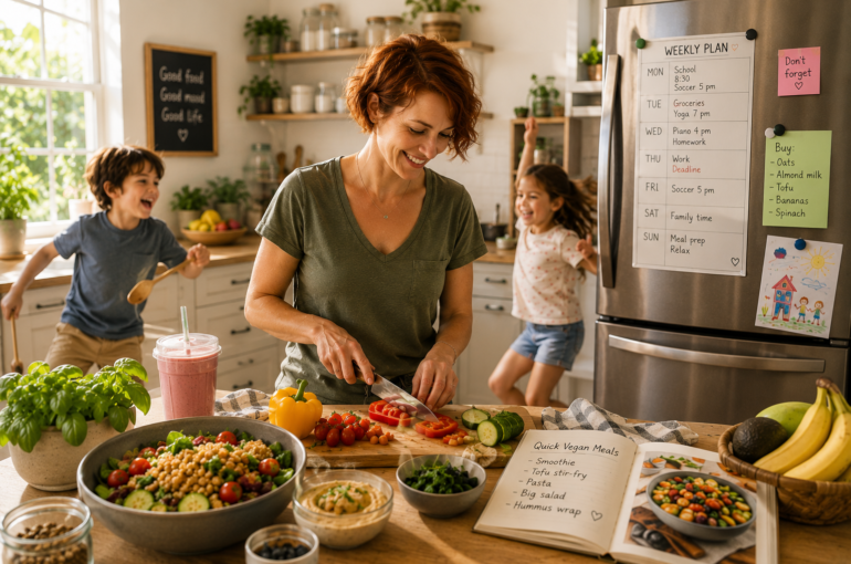 busy parent preparing quick vegan meals while children play in a modern kitchen