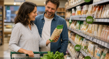 couple reading organic product labels while shopping in a grocery store