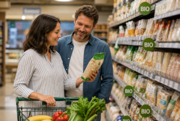 couple reading organic product labels while shopping in a grocery store
