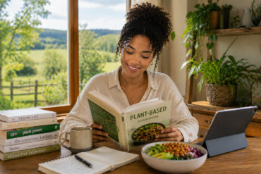 young woman reading a plant-based cookbook in a peaceful natural home setting