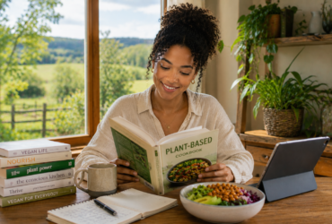 young woman reading a plant-based cookbook in a peaceful natural home setting