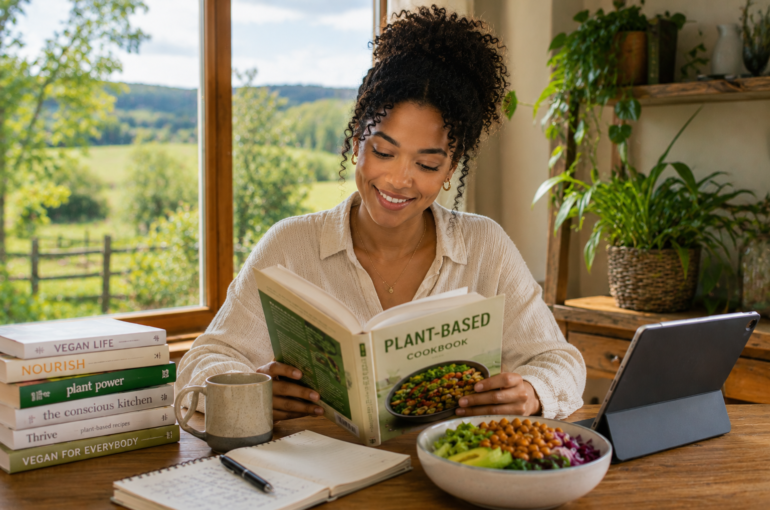 young woman reading a plant-based cookbook in a peaceful natural home setting
