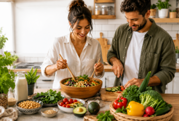 couple preparing a healthy vegan and vegetarian meal in a modern kitchen