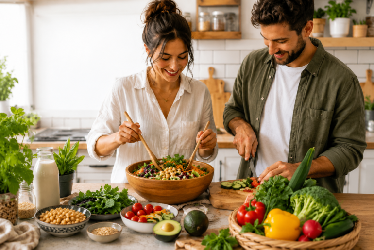couple preparing a healthy vegan and vegetarian meal in a modern kitchen