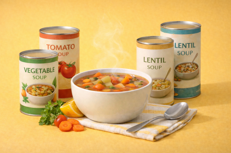 Canned and sachet soups made with natural, vegan and organic ingredients