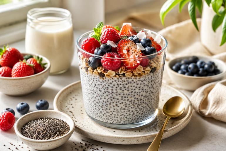 chia seed pudding with fresh berries and plant-based milk for a healthy breakfast