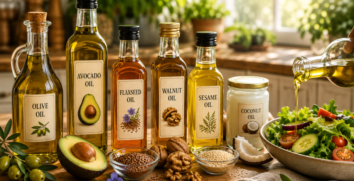 healthy cooking oils with olive oil, avocado oil, flaxseed oil, walnut oil, sesame oil, and fresh ingredients in a warm kitchen