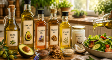 healthy cooking oils with olive oil, avocado oil, flaxseed oil, walnut oil, sesame oil, and fresh ingredients in a warm kitchen